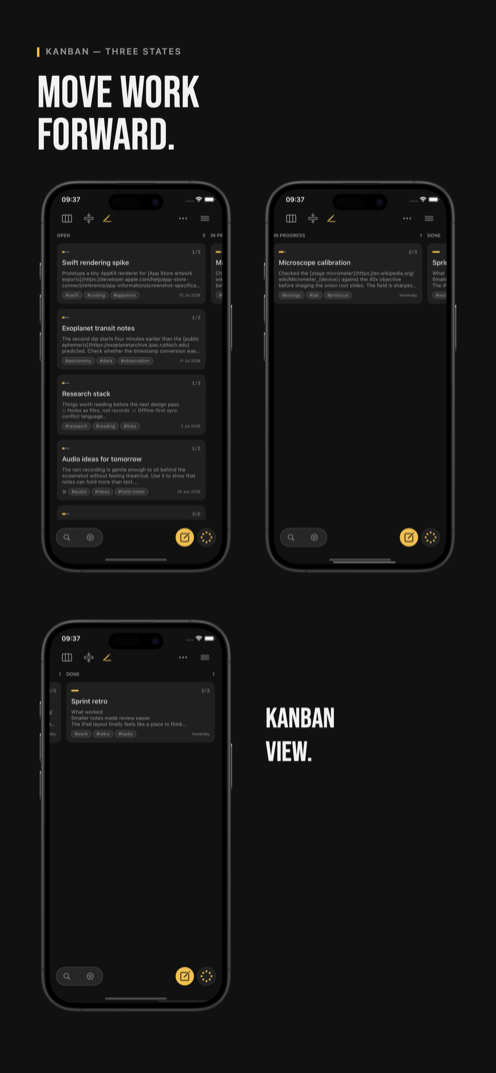 Vista Kanban di IOTHS su iPhone, con colonne per le attività da fare, in corso e completate