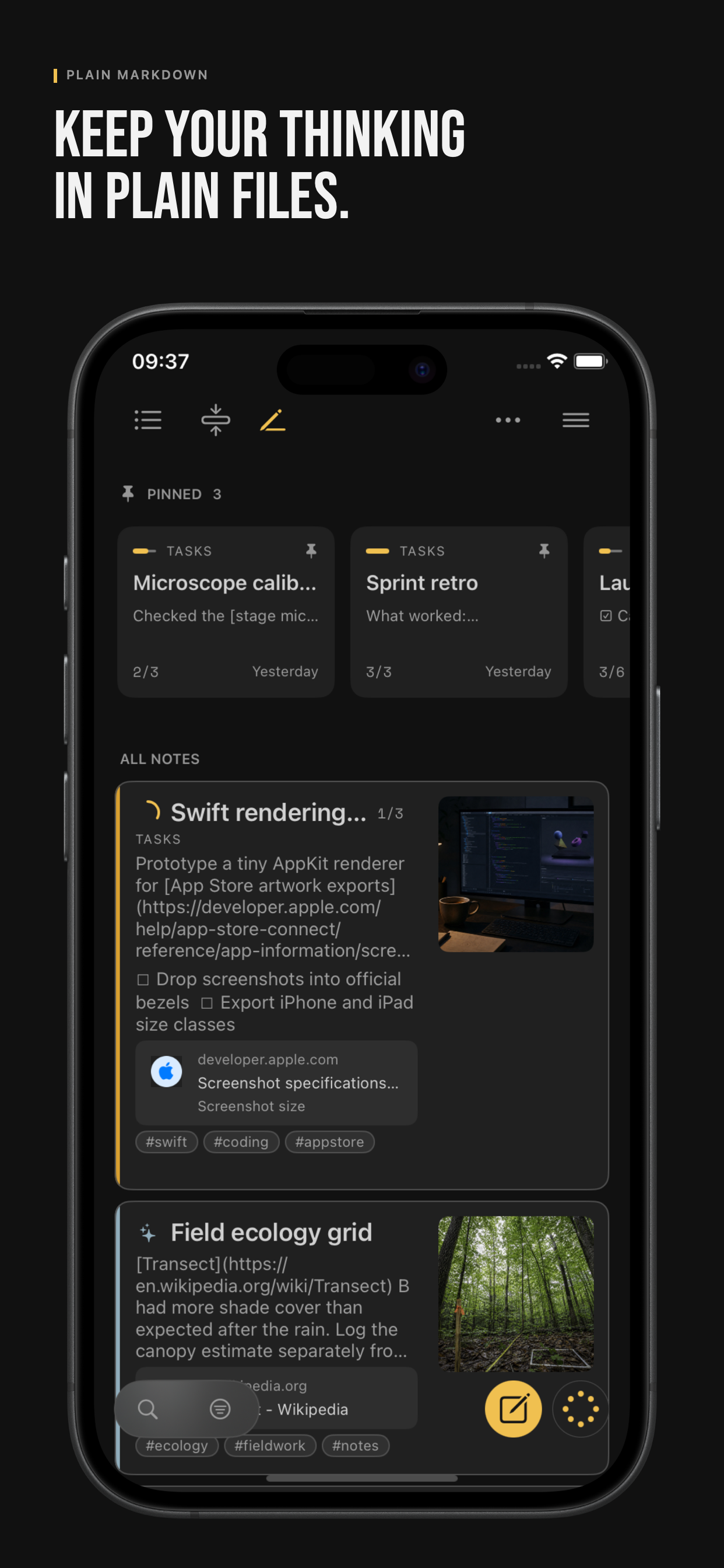 IOTHS Library in dark mode on iPhone, showing notes, task progress, tags, and link previews