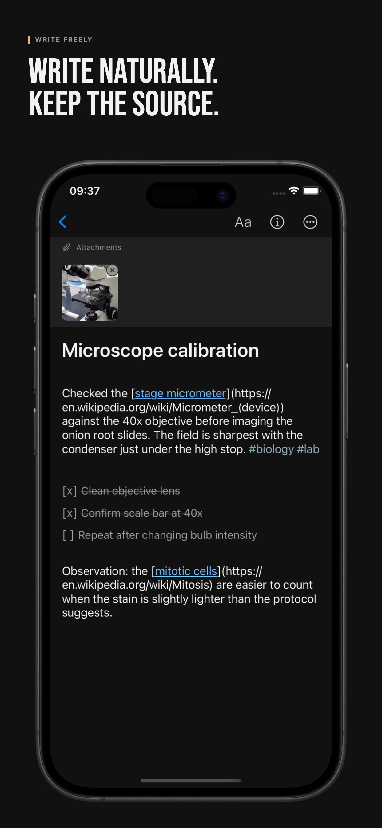 IOTHS note editor on iPhone with a photo attachment, Markdown link, tags, and checklist
